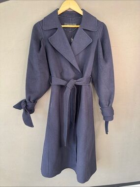 Zara Women's Dark Navy Wool Coat with Billow Sleeves and Belt